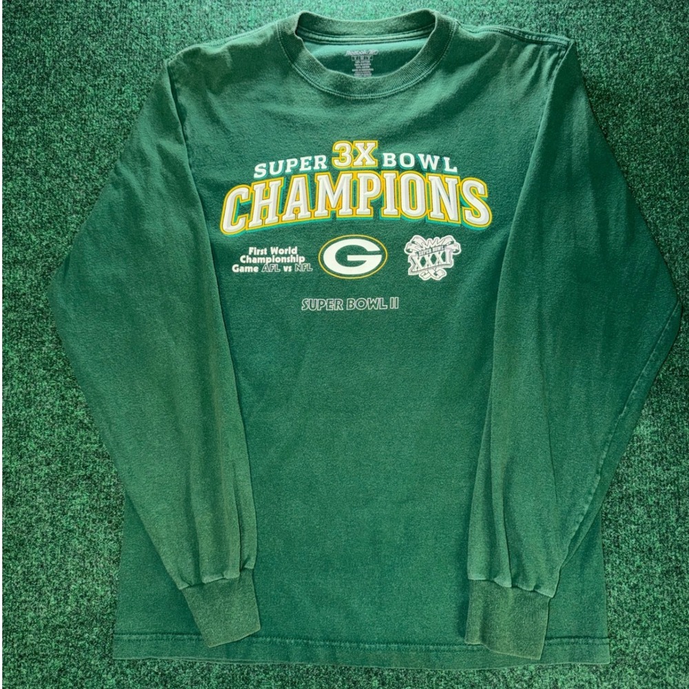 Reebok Green Bay Packers Super Bowl Champions Long Sleeve Shirt Mens Small Green